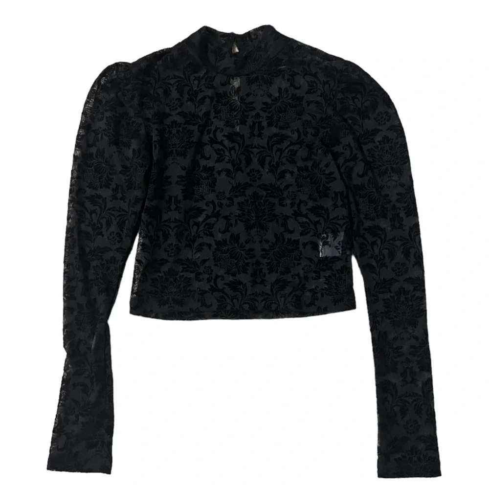 || NEW || Motel Black Floral Sheer Fitted Cropped Long Sleeve Women’s XS - Picture 3 of 7